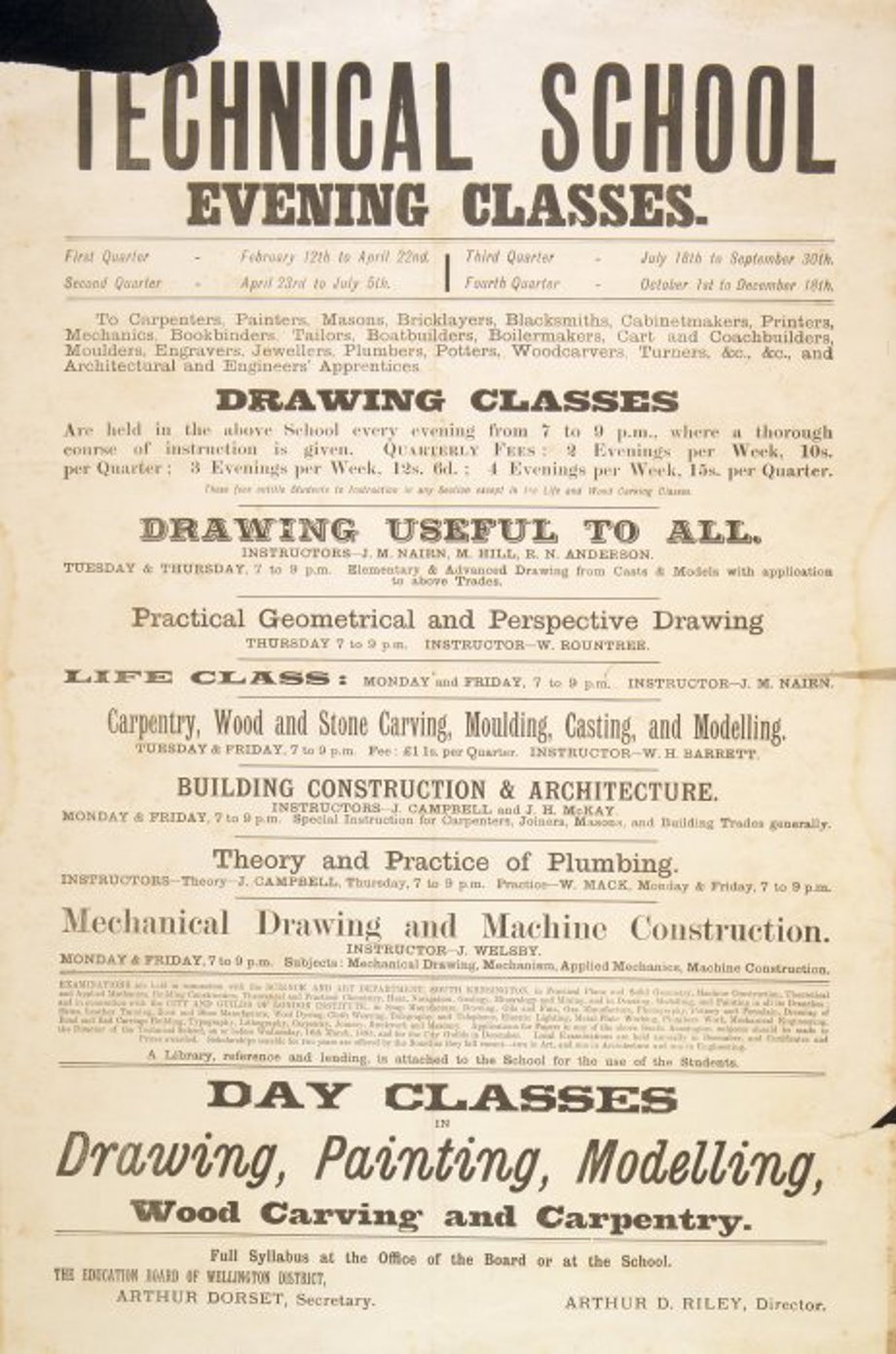 technical-school.jpeg An advertisement for evening classes at the Wellington Technical School